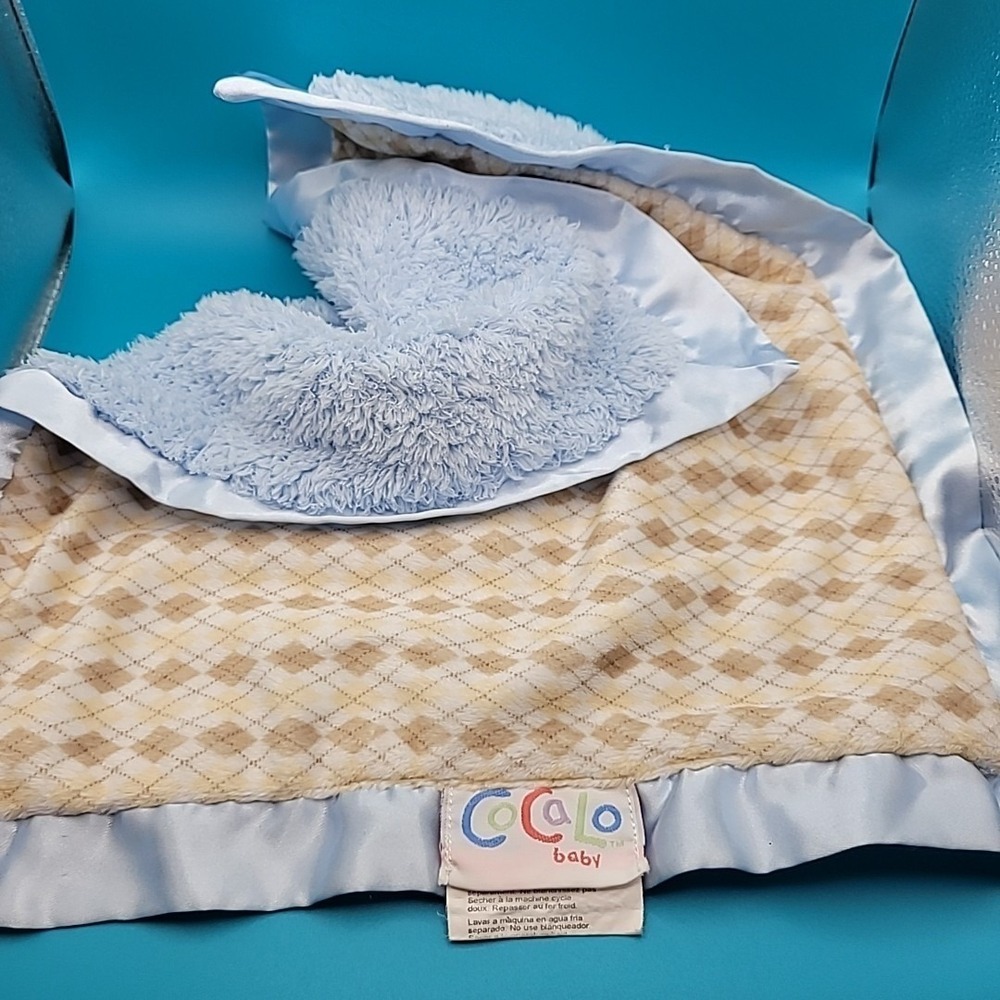 CoCaLo 13x15 in Lovey Baby Blanket Lt Blue and Brown Argyle‎ w Satin Trim